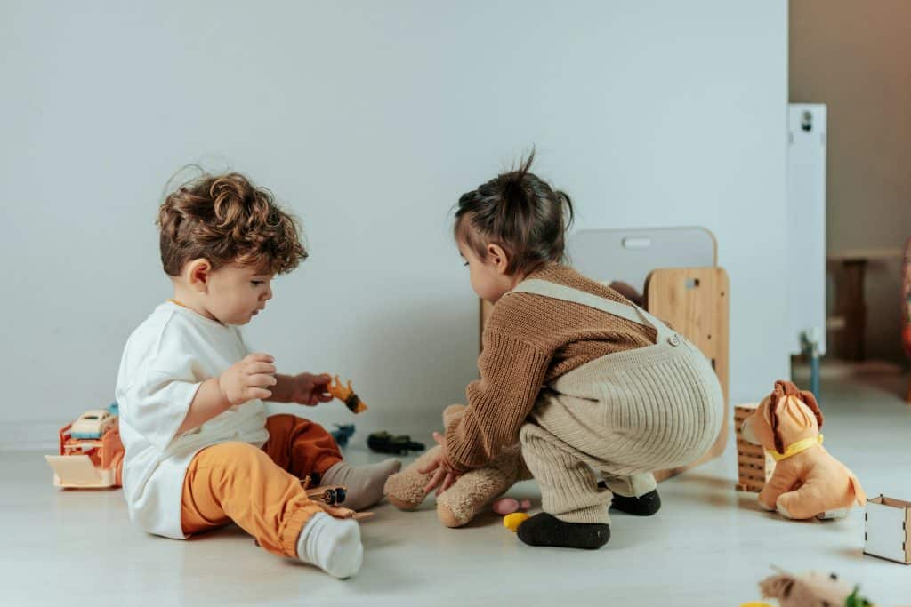 Two young children calmly playing with toys together on the floor during a structured day at home