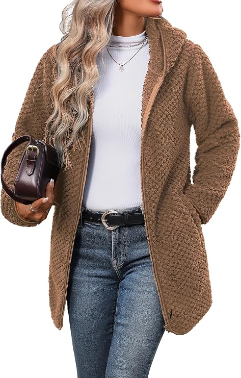 Women's Fleece Jacket Hooded Winter Warm Full Zip Sherpa Coat
