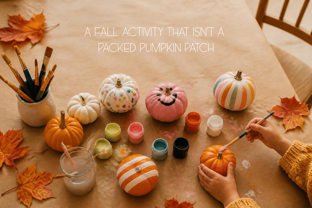 A fall activity that isn't a packed pumpkin patch: Grab a few small pumpkins at the grocery store and let the kids paint them at the kitchen table instead of carving. There's less mess, no knives are involved, and the pumpkins will last until Thanksgiving.