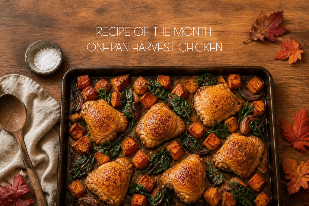 Recipe of the month, one-pan harvest chicken: Toss chicken thighs, cubed sweet potatoes and sliced red onion with olive oil, salt, smoked paprika and a drizzle of maple syrup. Spread everything on one sheet pan and roast at 425°F for 30 to 35 minutes, until the chicken hits 165°F. Add a handful of spinach for the last five minutes, and dinner is done with exactly one pan to wash.